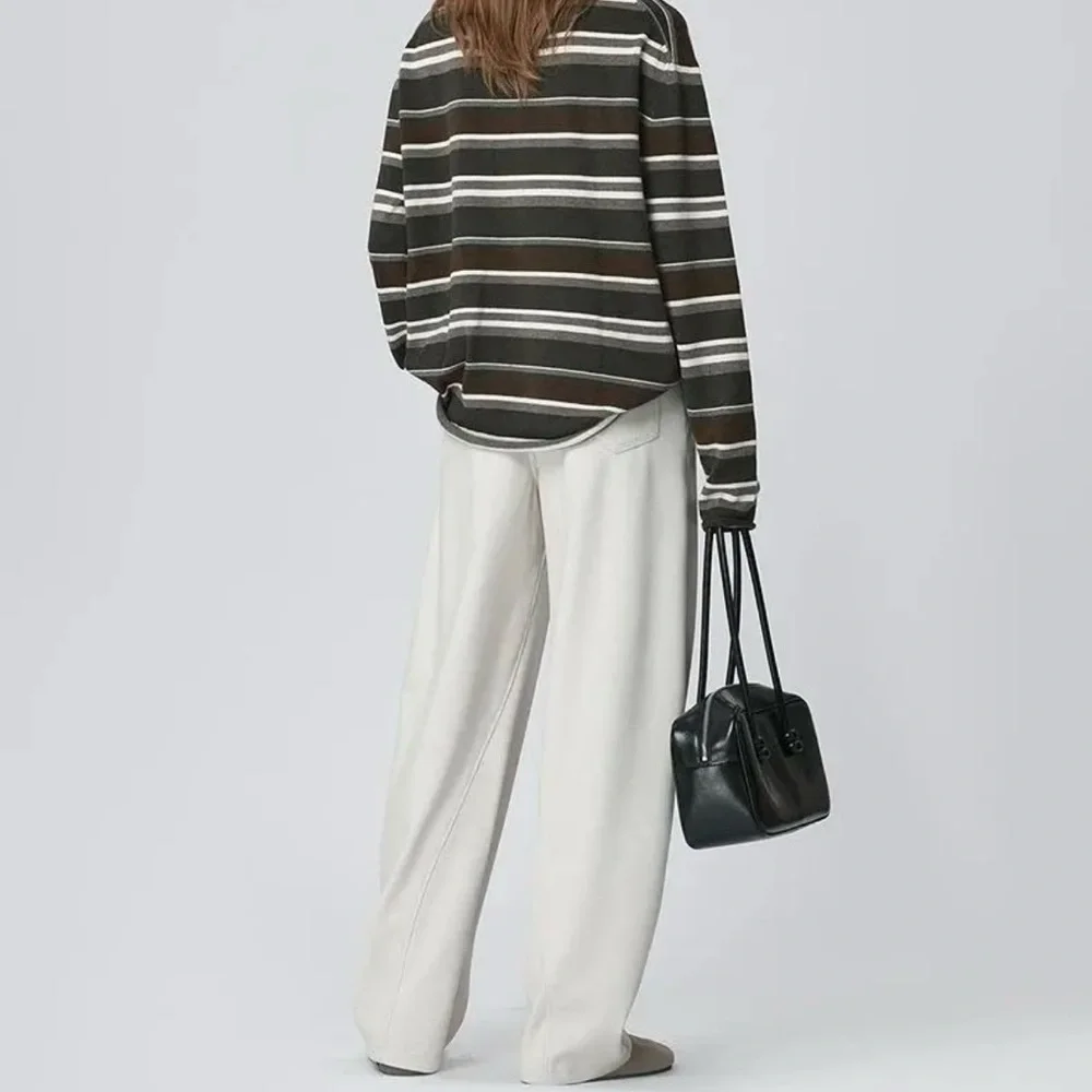OuXiaoCang Dusty White High Waisted Barrel Leg Trousers Minimalist Chic Pants S